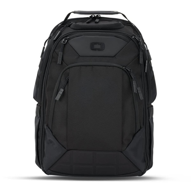 A black OGIO Renegade DNA backpack with multiple compartments and a sleek design. It features a logo on the front.