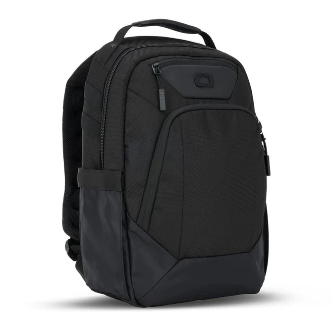A black OGIO Axle DNA Backpack with padded straps and multiple compartments. It features a logo on the front.