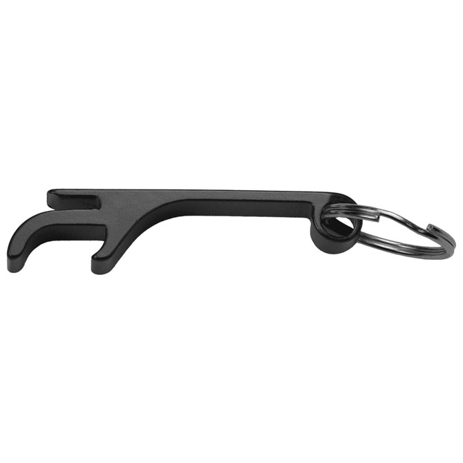 A black keyring with a bottle opener design, featuring a loop for attachment.