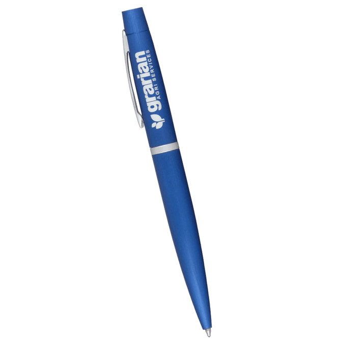 A blue pen with a logo, featuring a sleek design and silver accents.