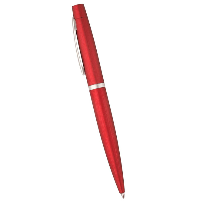 A red pen featuring a sleek design and silver accents, presented with a logo.