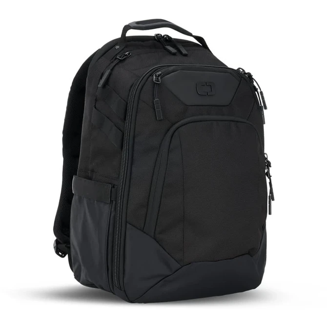 A black OGIO Gambit DNA Backpack featuring multiple compartments and a sleek design with a branding logo.