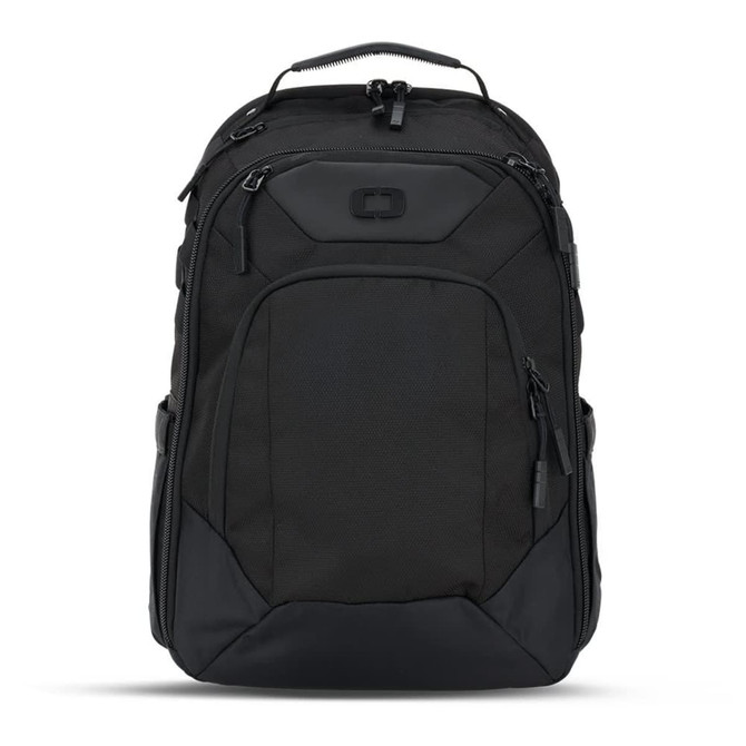 A black OGIO Gambit DNA Backpack with multiple compartments and a carry handle on top. It features a logo.