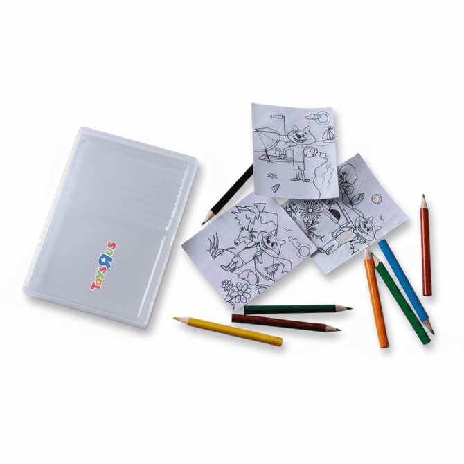 A sketch set featuring a clear case, colouring pencils in various colours, and several colouring pages.