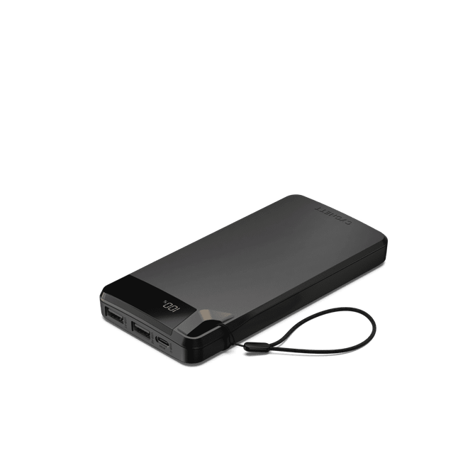 A black power bank with a strap and two USB ports, featuring a digital display for battery charge level.