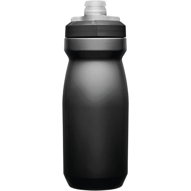 A drink bottle in plain black with a grey cap and a logo on the side.