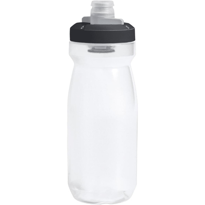 A drink bottle in clear plastic with a black cap and spout, featuring a branding logo.