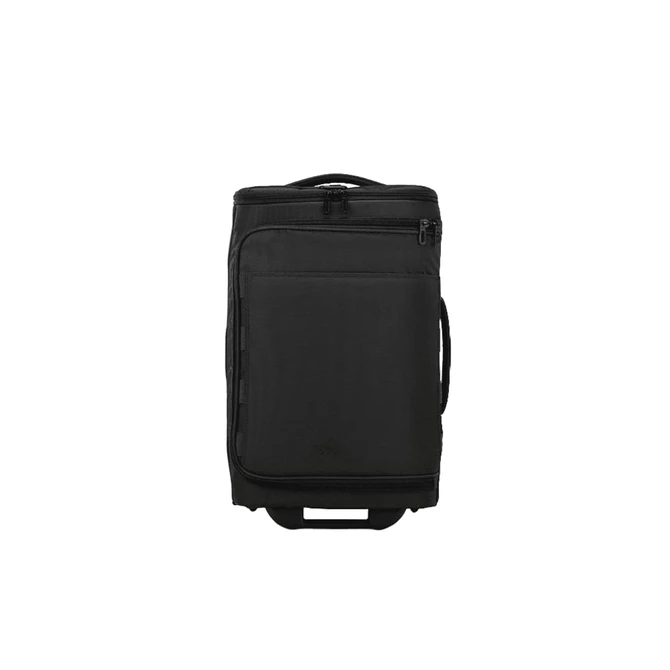 A black wheeled duffle bag with multiple zippered compartments and a handle for easy transport.