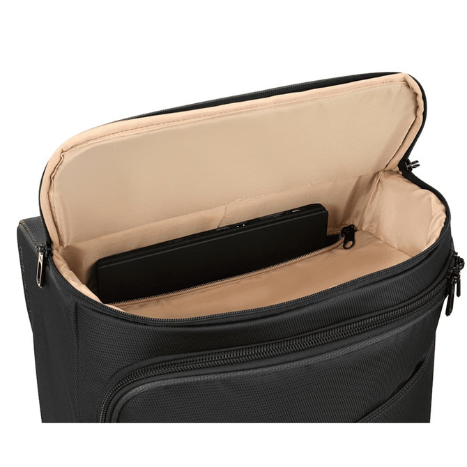 A black wheeled duffle bag with a beige interior, featuring a small compartment for a device or tablet.