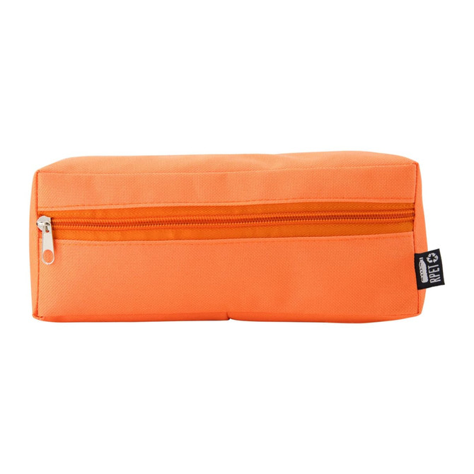 An orange utility case with a zippered compartment and a small logo on the side.