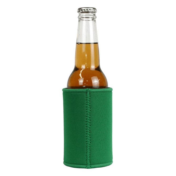 A green stubby holder wrapped around a drink bottle, featuring a branding logo.