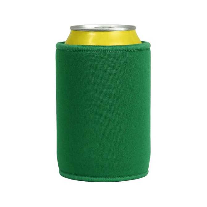 A green stubby holder with a can peeking out from the top, featuring a simple, textured fabric design.