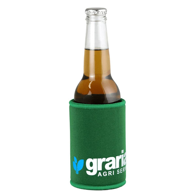 A green stubby holder featuring a bottle with liquid inside, showcasing a branding logo.