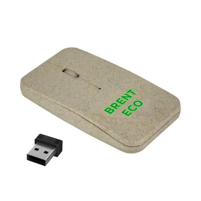 A beige eco-friendly wireless mouse is displayed alongside a small USB receiver. The mouse features a branding logo.