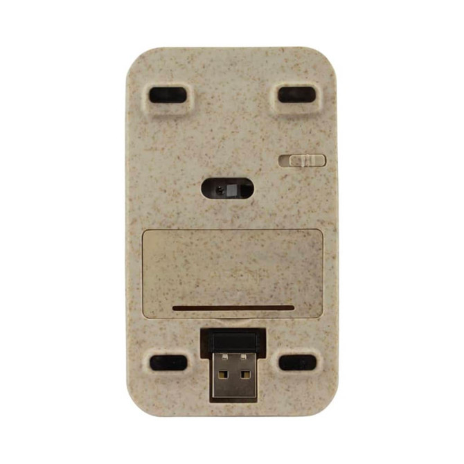 A beige eco-friendly wireless mouse with a textured finish, featuring a USB connector and multiple buttons.