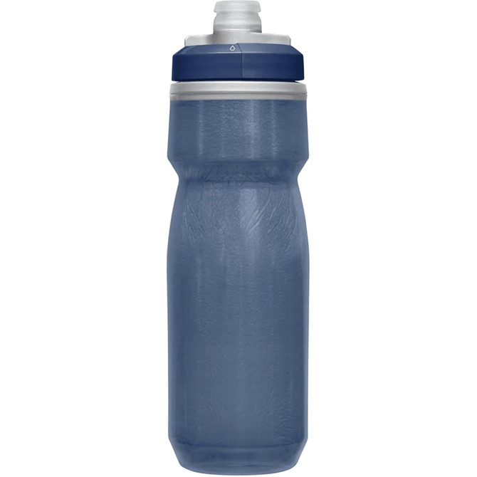 A drink bottle in a dark blue hue with a clear body, featuring a lid and a built-in straw.