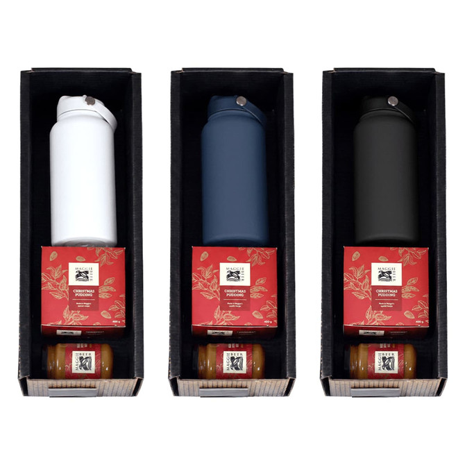 A drink bottle set featuring a white, navy, and black bottle, along with jars, presented in a decorative box.