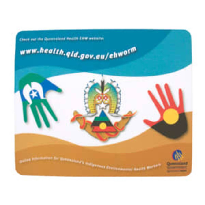 A mouse mat featuring a colourful design with hands, an emblem, and a logo, in shades of blue, green, red, and yellow.