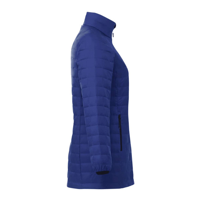 A lightweight, packable puffer jacket in a solid blue colour, featuring a high collar and zippered pockets.