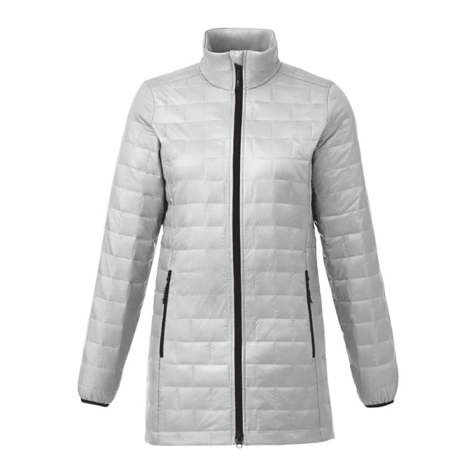 A lightweight, packable insulated puffer jacket in light grey with a high collar and zip-up front. Features zippered pockets.