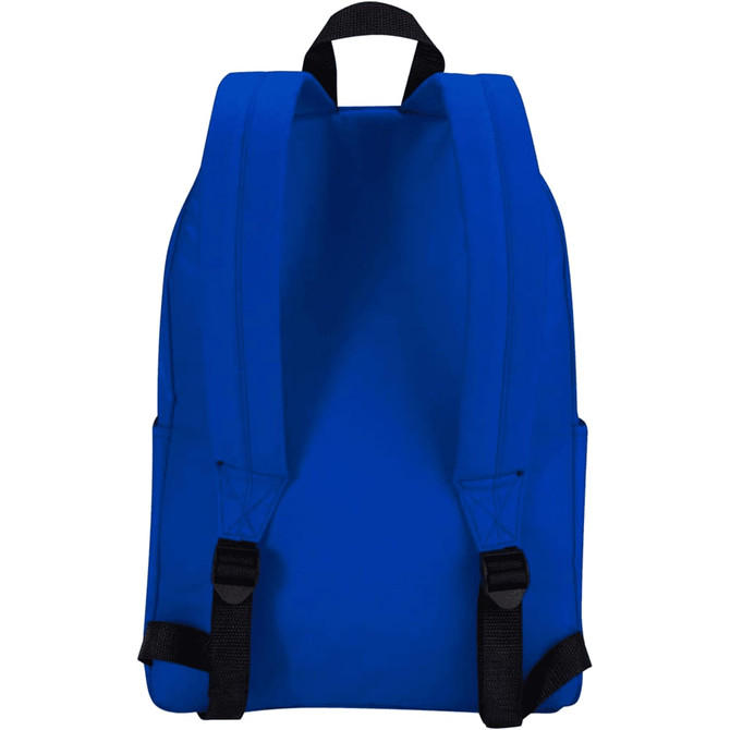 A blue laptop backpack with adjustable straps and side pockets, featuring a logo.
