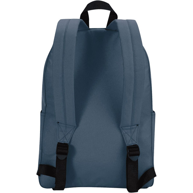 A backpack featuring a deep blue colour with adjustable straps and side pockets, displaying a logo on the back.