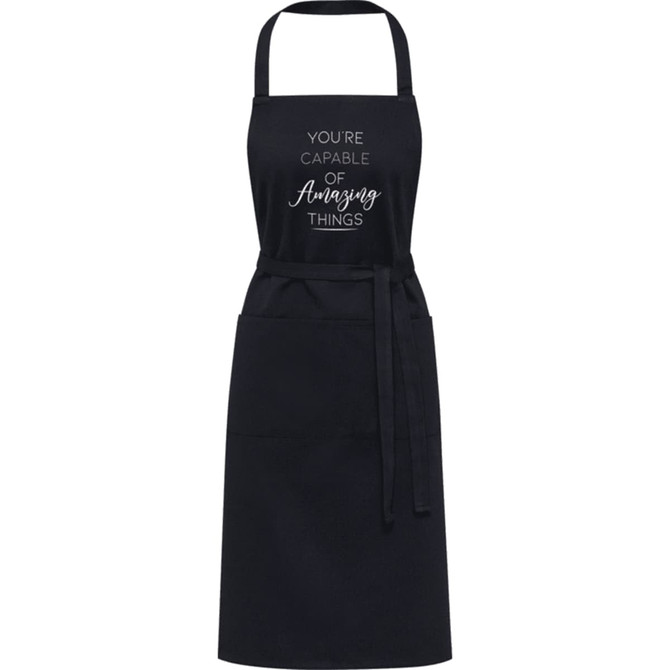 A black apron featuring a front pocket and a logo, made from 240 g/m² recycled material.