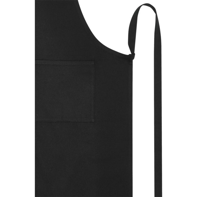 A black apron made from 240 g/m² recycled material, featuring a front pocket. It has a shoulder strap and an adjustable tie.