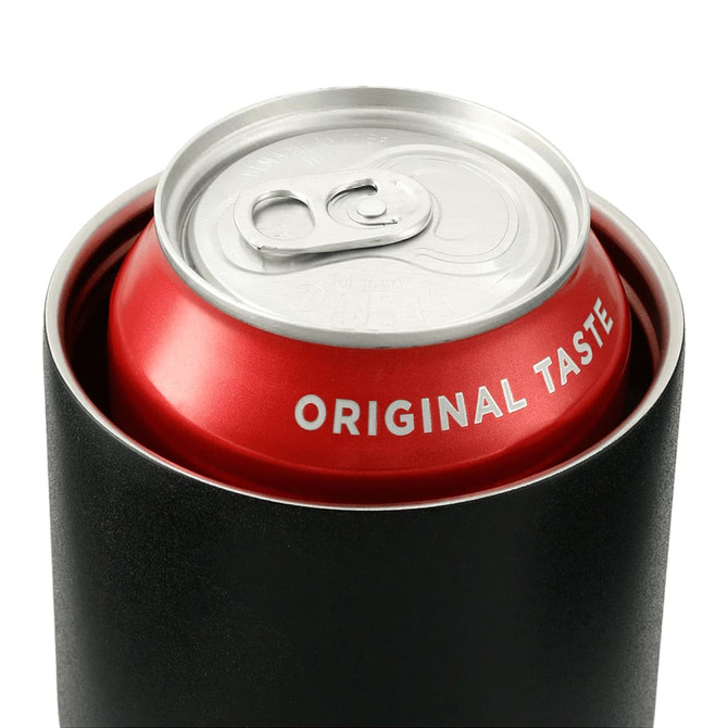 A drink bottle featuring a black vacuum tumbler holding a red can, with a silver top and a logo.