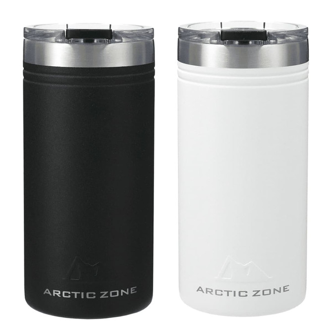 A drink bottle set featuring a black and a white Arctic Zone Titan Thermal HP Slim Cooler with a silver lid.