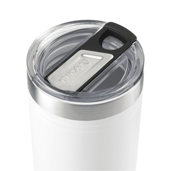 A drink bottle in white with a clear lid and a stainless steel rim, featuring a branding logo on the lid.