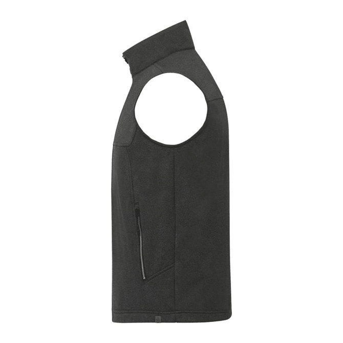 A softshell vest in dark grey with an eco-friendly design and a side zip pocket. Features a logo.
