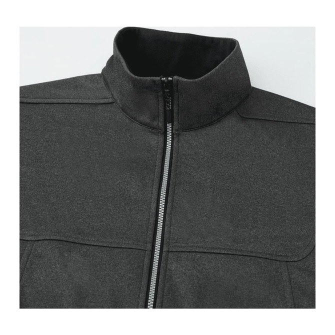 A grey softshell vest featuring a high collar and front zipper, designed as a waterproof outer layer.