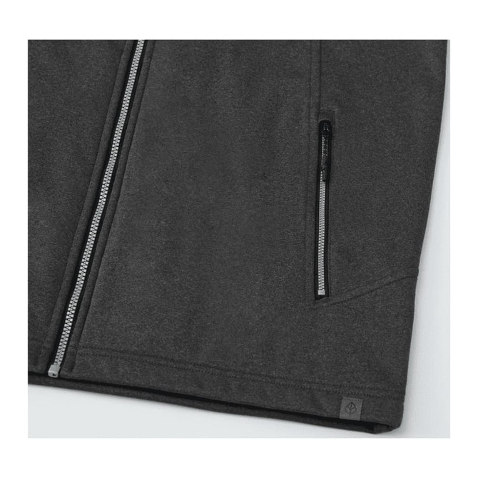 A grey waterproof softshell vest with a zippered pocket and a logo, featuring a smooth texture.