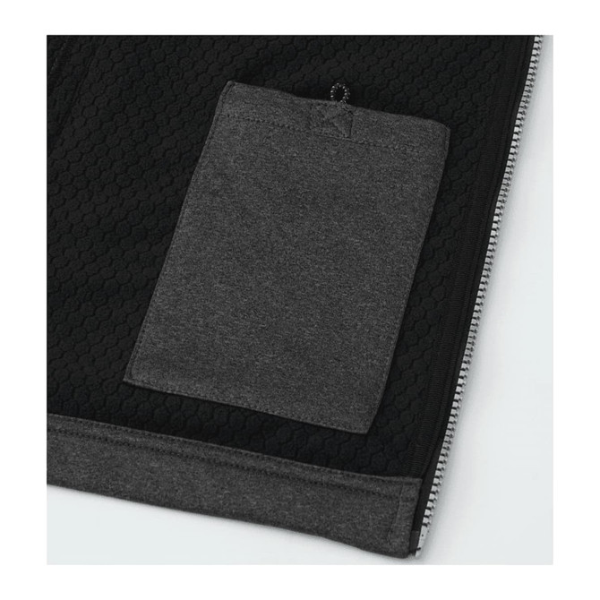 A black waterproof softshell vest featuring a grey pocket and a logo. Textured fabric detail is visible.