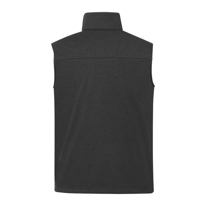 A black eco waterproof softshell vest with a high collar and a plain back. It features a logo on the design.