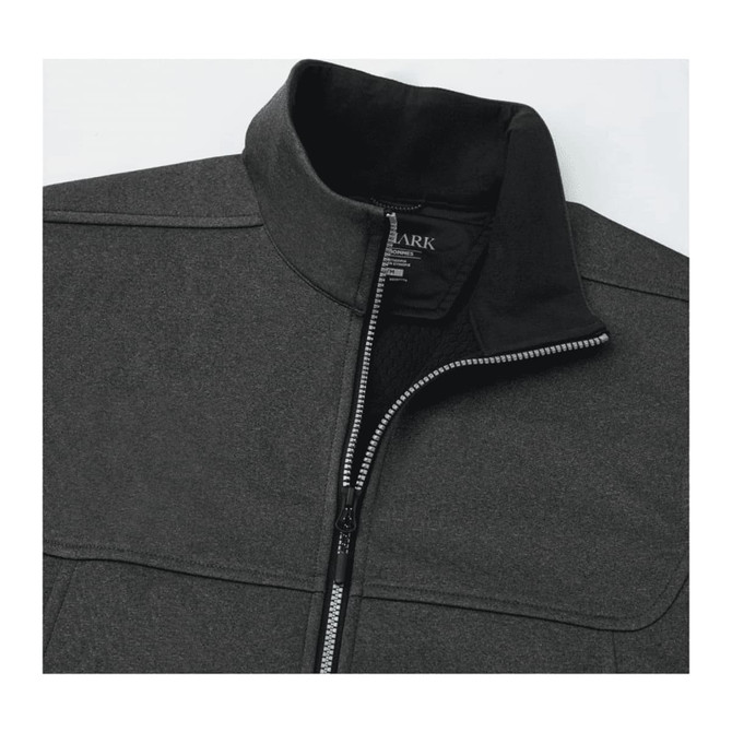 A grey softshell vest featuring a high collar and a zippered front, with a logo on the inside.