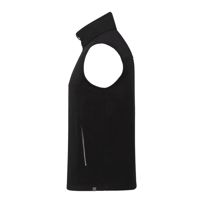 A black eco waterproof softshell vest with a high collar and zippered pocket, featuring a logo.