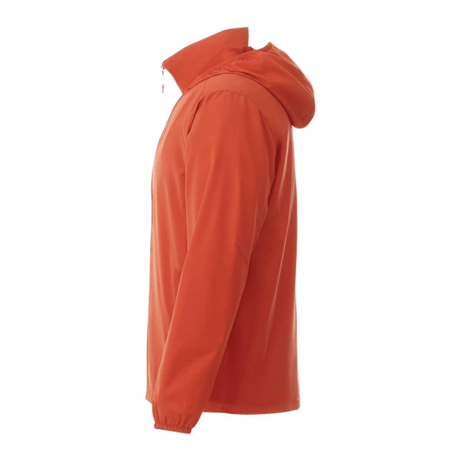 An orange men's packable rain jacket with a hood and a side view showcasing its design and fit.