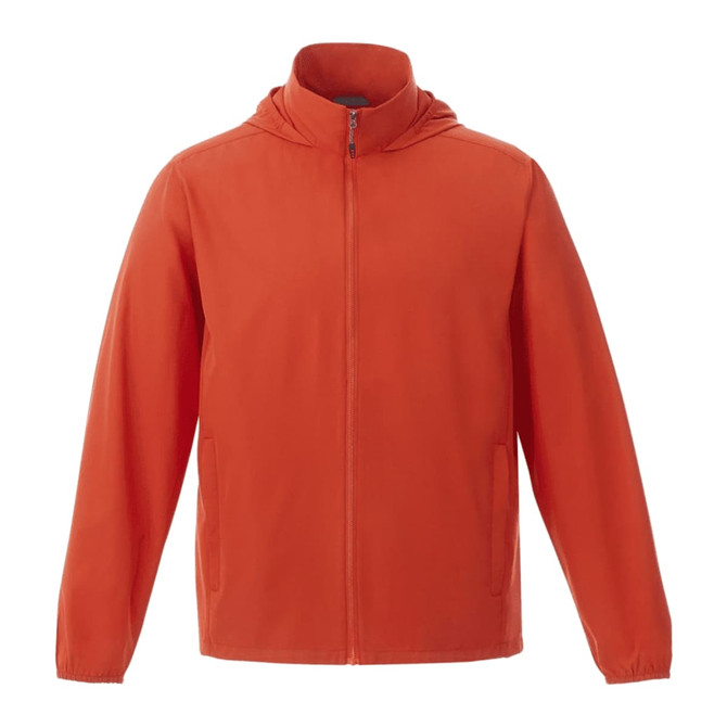 An orange men's packable rain jacket with a hood and front zipper, featuring a logo on the chest.