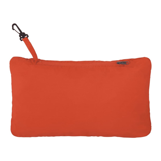 An orange packable jacket stored in a compact, zippered pouch with a clip. The pouch has a plain design.