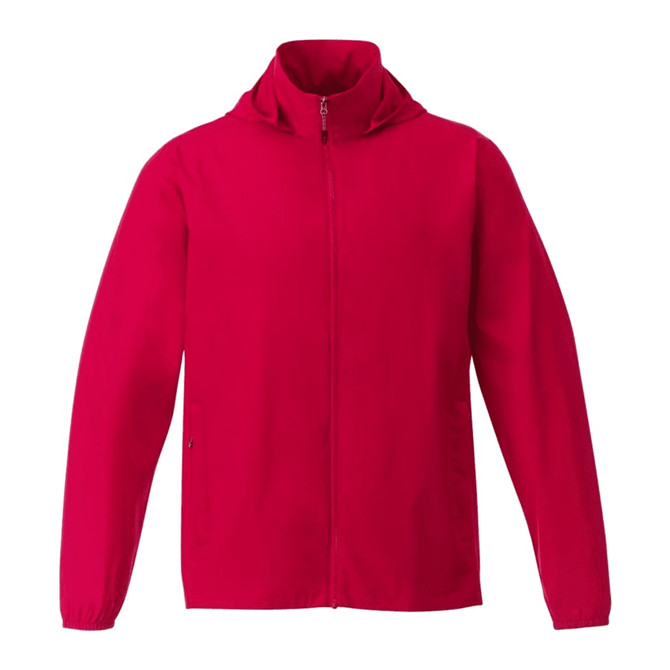 A red men's packable rain jacket with a zip front and a high collar, featuring a logo.