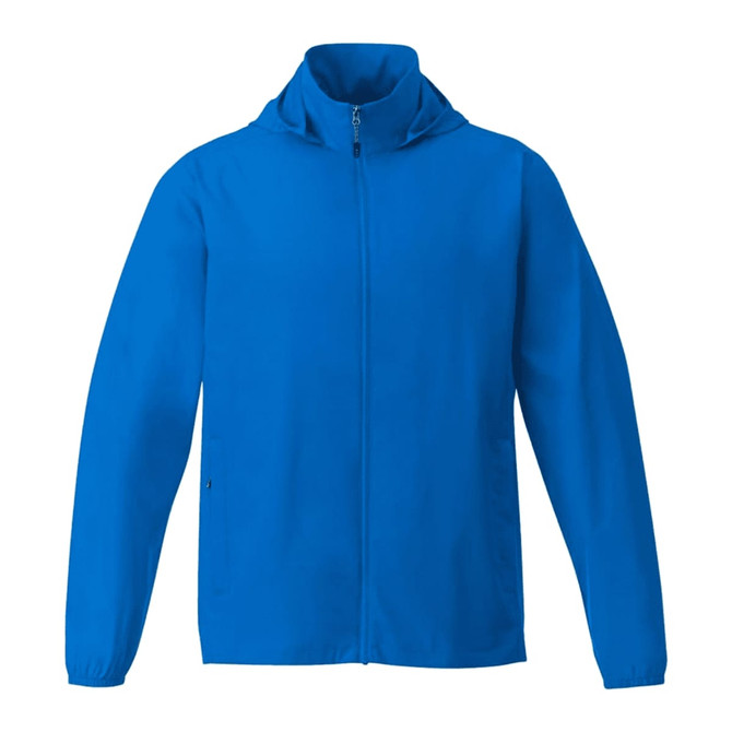 A blue men's packable jacket with a hood and full zip front, featuring a logo on the chest.