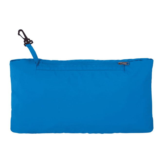 A blue packable jacket with a zippered pocket and a hook for easy carrying. It features a logo on the fabric.