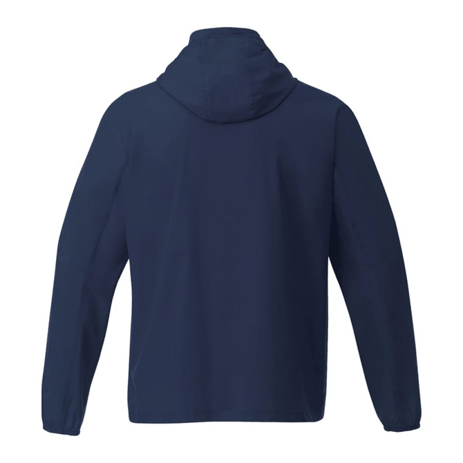 A navy blue men's packable rain jacket with a hood, featuring a logo on the back.