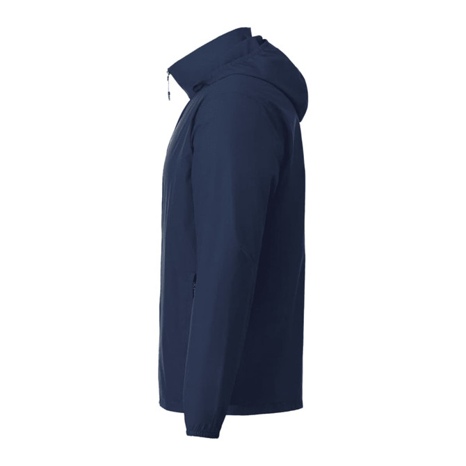 A navy men's packable rain jacket featuring a hood and zippered front, with a logo on the upper left.