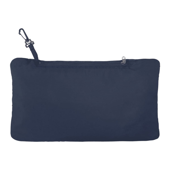 A navy packable jacket with a zip closure and clip for fastening, featuring a logo.