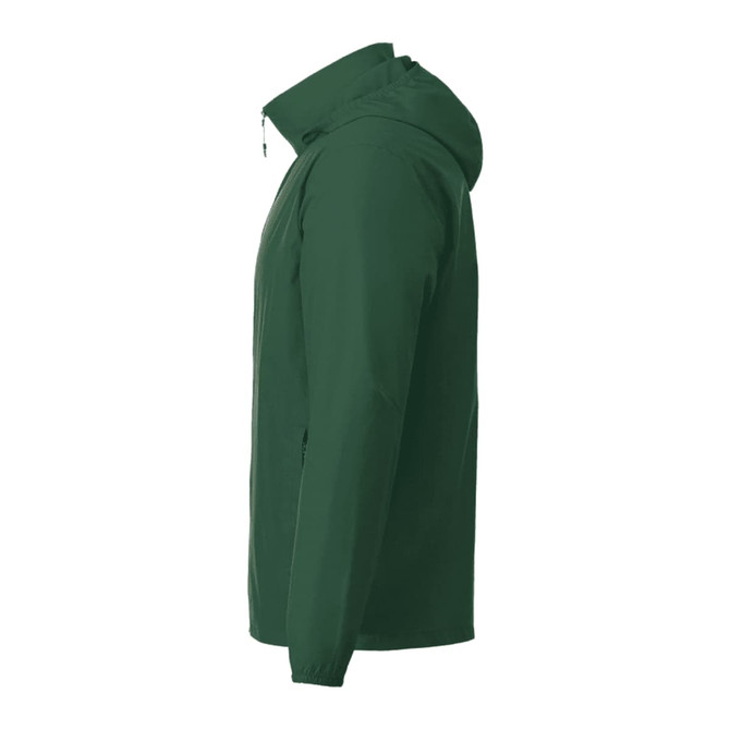A green men's packable jacket with a hood, featuring a side view and a logo on the fabric.