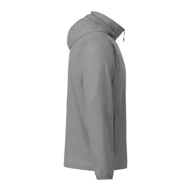 A grey Men's TOBA Packable Jacket featuring a hood and an attached logo. Ideal for rain protection.