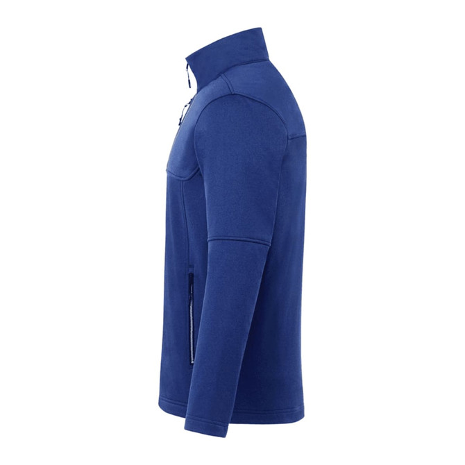A blue men's softshell jacket with a high collar and side pockets, featuring branding on the chest.